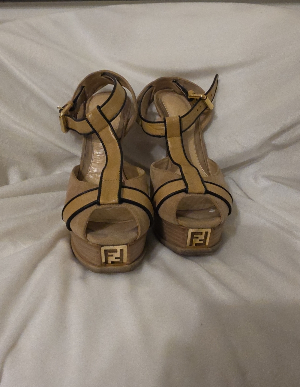 Fendi Tan and Black Suede T-Strap Platform Sandals